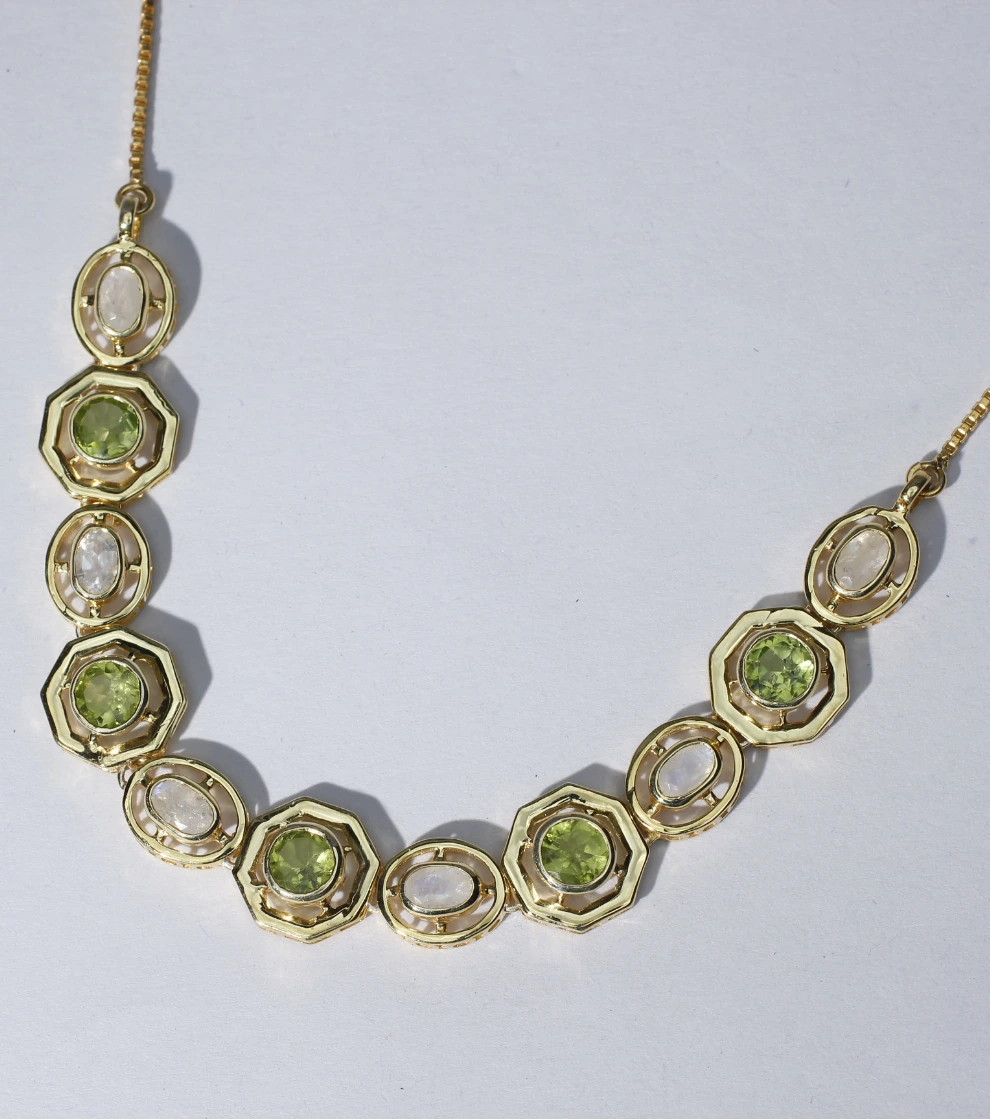 Hex-Oval Halo Necklace In Peridot and Moonstone