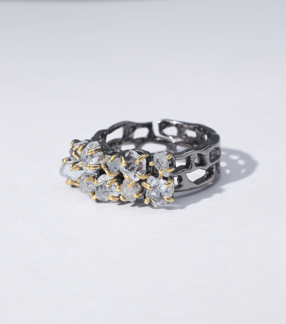 Rocks and Bricks Ring in Raw Diamonds or Aquamarine