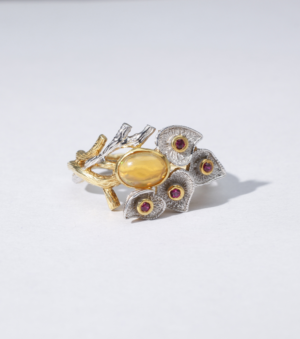 Peace Lily Ring in Opal and Tiny Rubies
