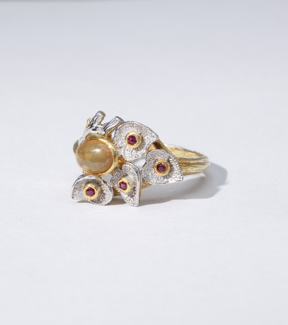 Peace Lily Ring in Opal and Tiny Rubies