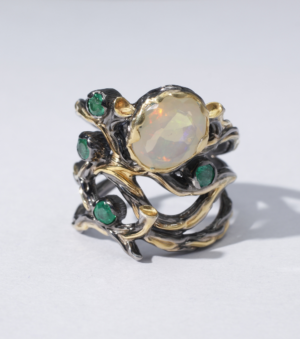 Creeping Vines Wide Ring in Opal and Emeralds