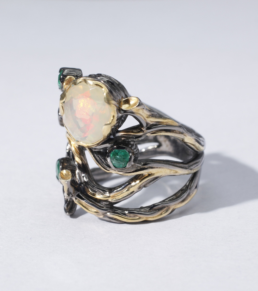 Creeping Vines Wide Ring in Opal and Emeralds