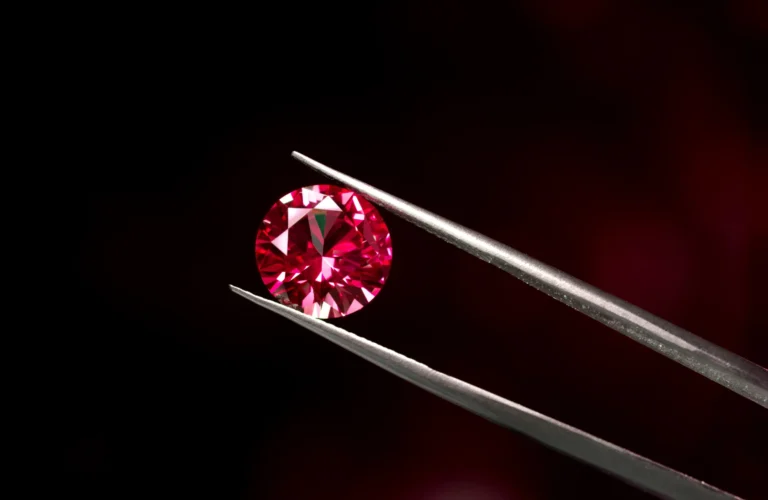 A jeweler using tweezers to hold a round-cut red gemstone under light, demonstrating gemstone identification and quality inspection.